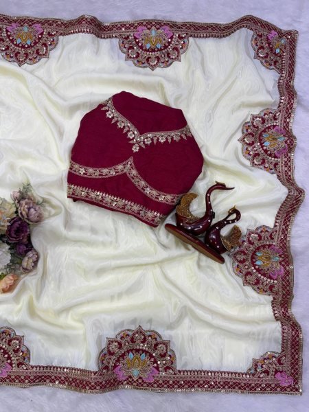 Rare White Designer HO Silk Saree with Heavy Banglori Embroidered Blouse for Festival Wear Silk Sarees Wholesale