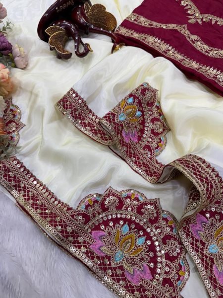Rare White Designer HO Silk Saree with Heavy Banglori Embroidered Blouse for Festival Wear Silk Sarees Wholesale