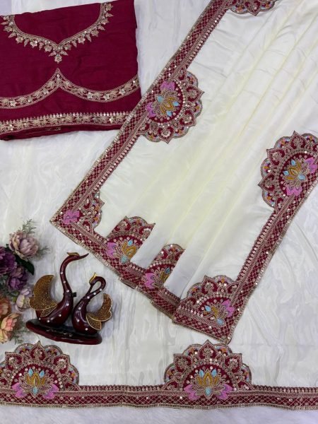 Rare White Designer HO Silk Saree with Heavy Banglori Embroidered Blouse for Festival Wear Silk Sarees Wholesale