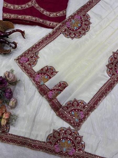 Rare White Designer HO Silk Saree with Heavy Banglori Embroidered Blouse for Festival Wear Silk Sarees Wholesale