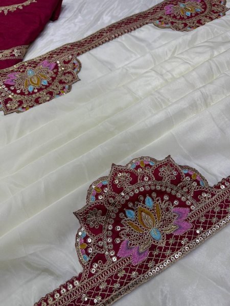 Rare White Designer HO Silk Saree with Heavy Banglori Embroidered Blouse for Festival Wear Silk Sarees Wholesale