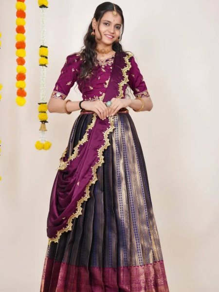 Rare Wine Kanjivaram Silk Lehenga Choli with Banarasi Silk Zari Dupatta  Lehenga