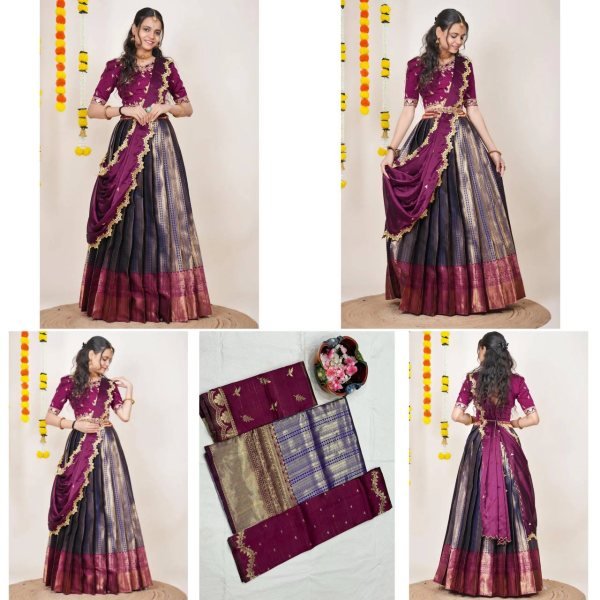 Rare Wine Kanjivaram Silk Lehenga Choli with Banarasi Silk Zari Dupatta Half Saree Lehenga