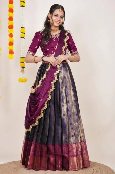 Rare Wine Kanjivaram Silk Lehenga Choli with Banarasi Silk Zari Dupatta Half Saree Lehenga