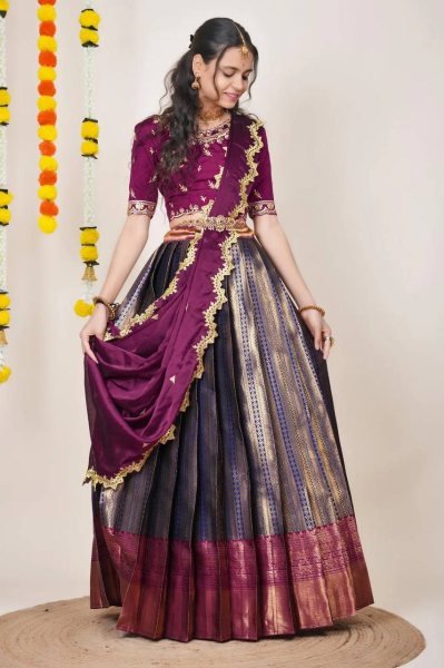 Rare Wine Kanjivaram Silk Lehenga Choli with Banarasi Silk Zari Dupatta Half Saree Lehenga