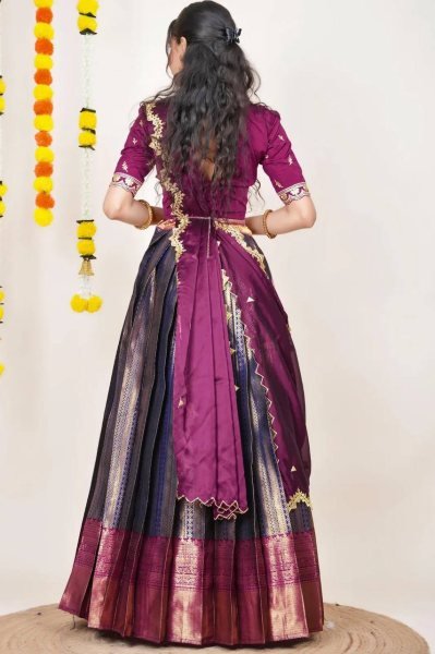 Rare Wine Kanjivaram Silk Lehenga Choli with Banarasi Silk Zari Dupatta Half Saree Lehenga