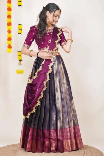 Rare Wine Kanjivaram Silk Lehenga Choli with Banarasi Silk Zari Dupatta Half Saree Lehenga