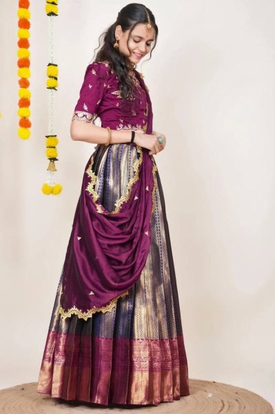 Rare Wine Kanjivaram Silk Lehenga Choli with Banarasi Silk Zari Dupatta Half Saree Lehenga