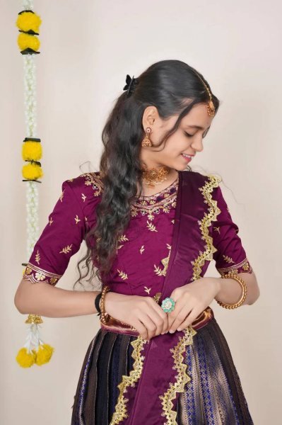 Rare Wine Kanjivaram Silk Lehenga Choli with Banarasi Silk Zari Dupatta Half Saree Lehenga