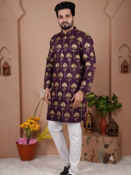 Rare Wine Men Kurta Pajama with Heavy Embroidery for Party Wear at Bulk Rate 