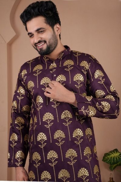 Rare Wine Men Kurta Pajama with Heavy Embroidery for Party Wear at Bulk Rate Kurta Pajama Wholesale