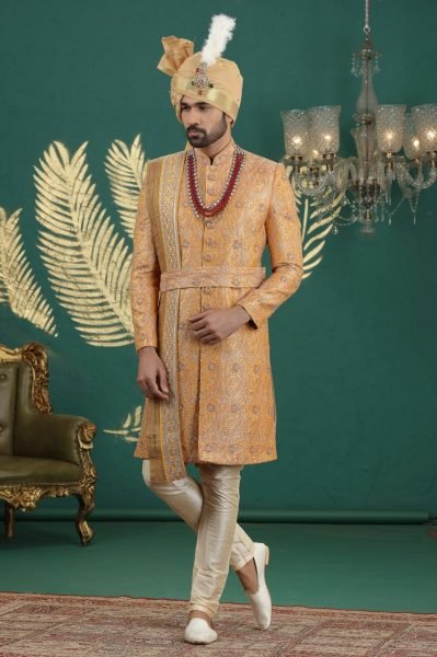 Rare Yellow Elegant Pure Banarasi Kurta Set with All Over Hand Embroidery Kurta Pajama Wholesale