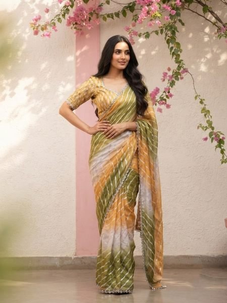 Rare Yellow Green Designer Space Silk Digital Print Saree with Lace Border at Manufacturer  