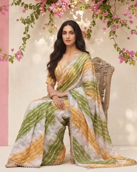 Rare Yellow Green Designer Space Silk Digital Print Saree with Lace Border at Manufacturer  Silk Sarees Wholesale