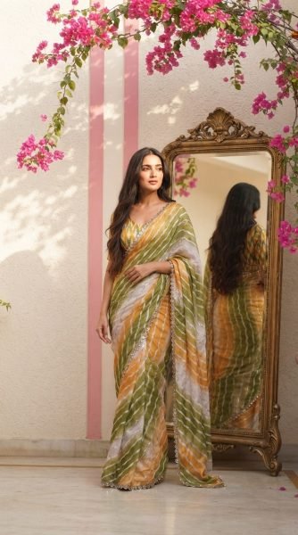 Rare Yellow Green Designer Space Silk Digital Print Saree with Lace Border at Manufacturer  Silk Sarees Wholesale