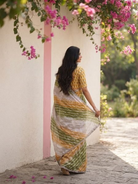 Rare Yellow Green Designer Space Silk Digital Print Saree with Lace Border at Manufacturer  Silk Sarees Wholesale