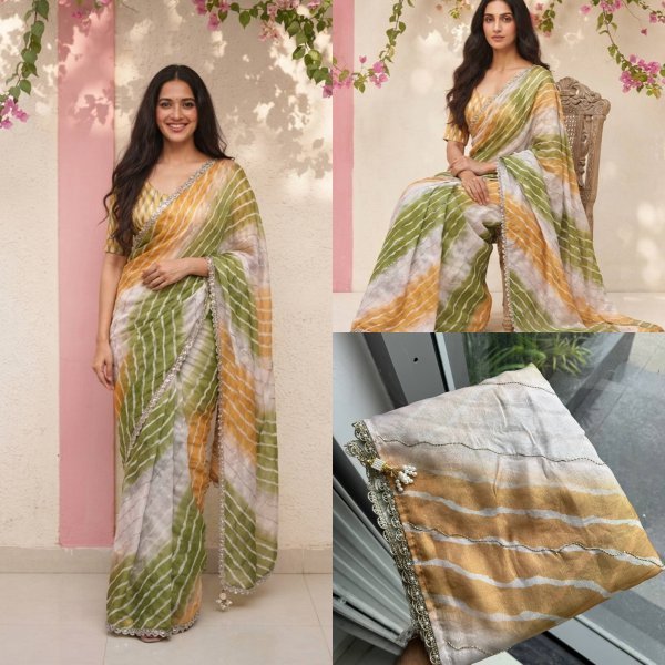 Rare Yellow Green Designer Space Silk Digital Print Saree with Lace Border at Manufacturer  Silk Sarees Wholesale