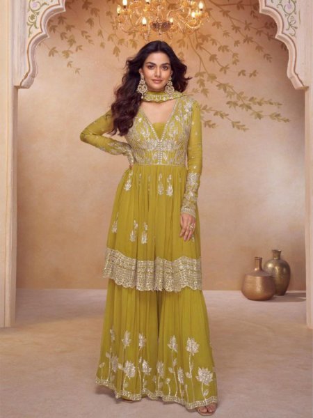 Rare Yellow Real Chinon Embroidered Kurti Palazzo Set with Designer Dupatta 