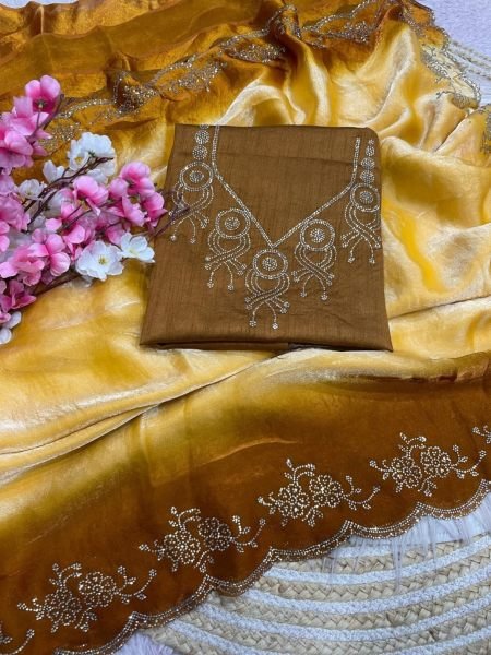 Rare Yellow Space Soft Silk Saree with Jarkhan and Swarovski Work at Wholesale Rate 