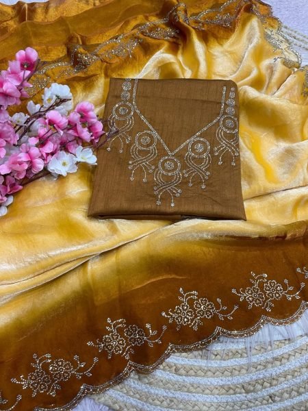 Rare Yellow Space Soft Silk Saree with Jarkhan and Swarovski Work at Wholesale Rate Silk Sarees Wholesale
