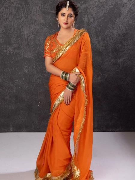 Rashmi Desai Orange Soft Georgette Saree with Satin Blouse & Gotta Patti Embroidery Georgette Sarees Wholesale