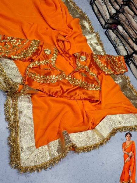 Rashmi Desai Orange Soft Georgette Saree with Satin Blouse & Gotta Patti Embroidery Georgette Sarees Wholesale