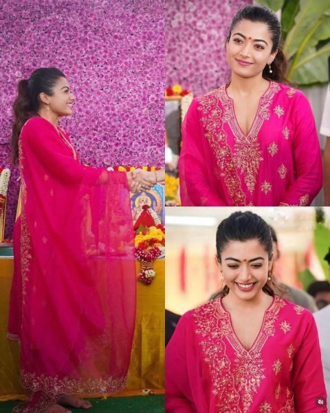Rashmika Mandanna Wearing Pink Embroidered Kurta Set With a Matching Dupatta Embroidery Kurtis 