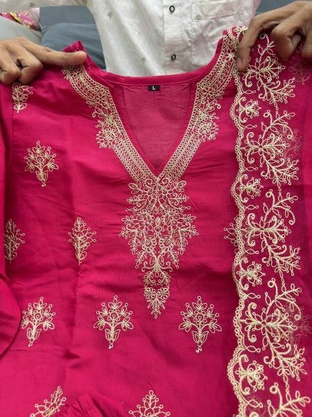 Rashmika Mandanna Wearing Pink Embroidered Kurta Set With a Matching Dupatta Embroidery Kurtis 