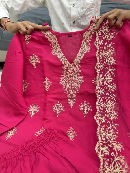 Rashmika Mandanna Wearing Pink Embroidered Kurta Set With a Matching Dupatta Embroidery Kurtis 