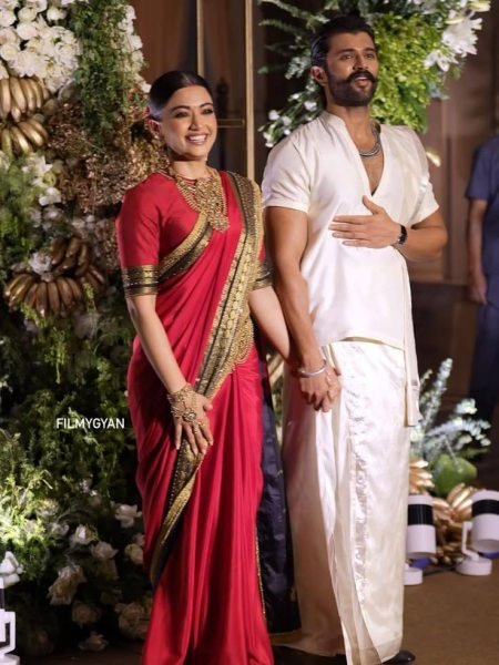 Rashmika Mandanna Wearing  Traditional Red Crepe Silk Saree With a Black Border Silk Sarees Wholesale