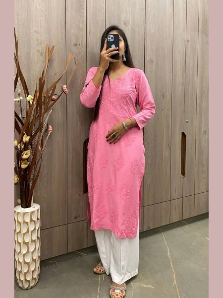 Rayon Kurta Pant Set With Cotton Thread Embroidery Work  