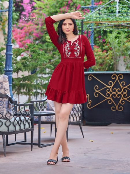 Fancy Rayon slub  With Heavy Multicolor Embroidery  Short top Embroidery Kurtis 