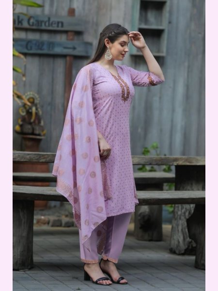 RAYON WITH NECK EMBROIDERY WORK READYMADE SUITS SET 3 Piece Kurti Set