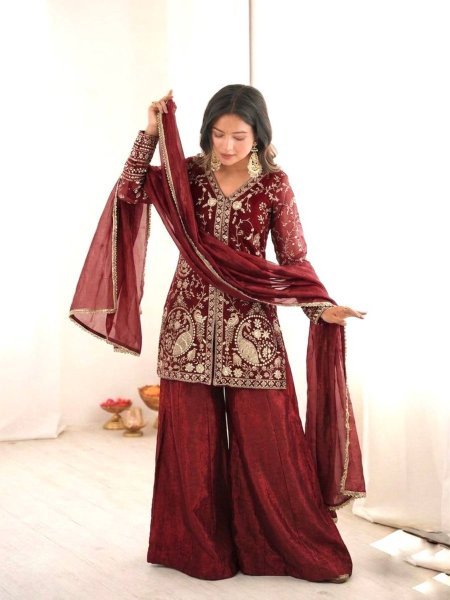 Ready Look Maroon Silk Embroidered Top With Designer Plazzo Wear  And Four Side  Lace Border Dupatta Ready To Wear Suit