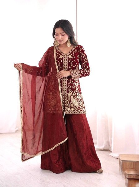 Ready Look Maroon Silk Embroidered Top With Designer Plazzo Wear  And Four Side  Lace Border Dupatta Ready To Wear Collection