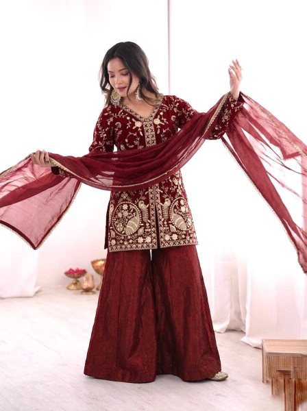 Ready Look Maroon Silk Embroidered Top With Designer Plazzo Wear  And Four Side  Lace Border Dupatta Ready To Wear Collection