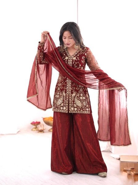 Ready Look Maroon Silk Embroidered Top With Designer Plazzo Wear  And Four Side  Lace Border Dupatta Ready To Wear Collection