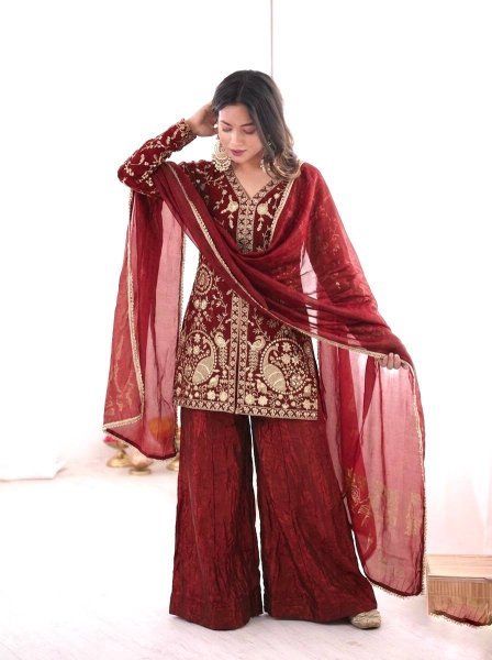 Ready Look Maroon Silk Embroidered Top With Designer Plazzo Wear  And Four Side  Lace Border Dupatta Ready To Wear Collection