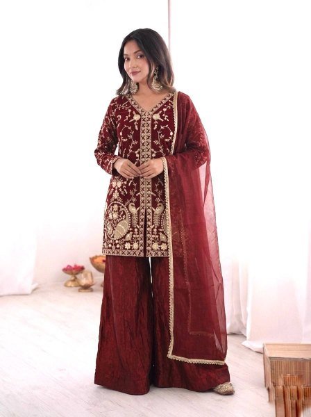Ready Look Maroon Silk Embroidered Top With Designer Plazzo Wear  And Four Side  Lace Border Dupatta Ready To Wear Collection