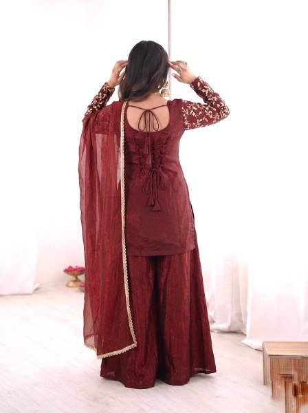 Ready Look Maroon Silk Embroidered Top With Designer Plazzo Wear  And Four Side  Lace Border Dupatta Ready To Wear Collection