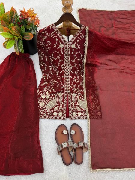 Ready Look Maroon Silk Embroidered Top With Designer Plazzo Wear  And Four Side  Lace Border Dupatta Ready To Wear Collection