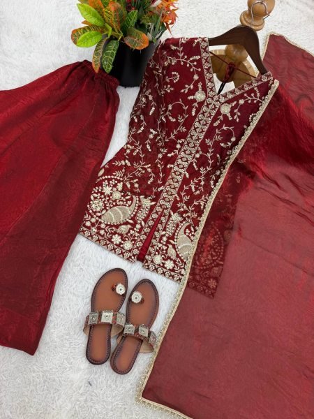 Ready Look Maroon Silk Embroidered Top With Designer Plazzo Wear  And Four Side  Lace Border Dupatta Ready To Wear Collection