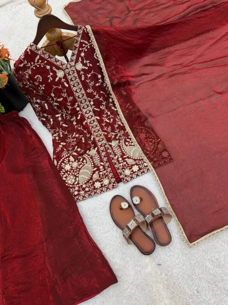 Ready Look Maroon Silk Embroidered Top With Designer Plazzo Wear  And Four Side  Lace Border Dupatta Ready To Wear Collection