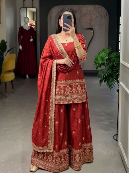Ready Stock Brick Red NC Vichitra Silk Outfit Embroidered Ethnic Wear With Designer Dupatta Ready To Wear Suit