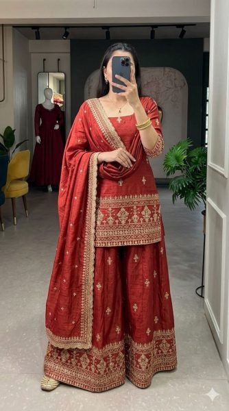 Ready Stock Brick Red NC Vichitra Silk Outfit Embroidered Ethnic Wear With Designer Dupatta Ready To Wear Collection