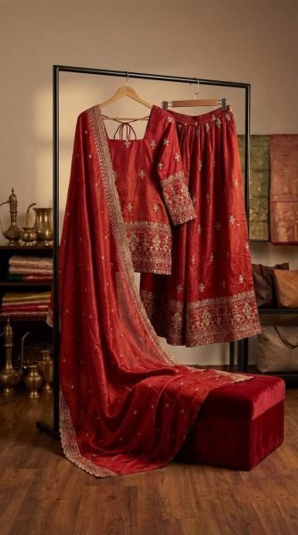 Ready Stock Brick Red NC Vichitra Silk Outfit Embroidered Ethnic Wear With Designer Dupatta Ready To Wear Collection