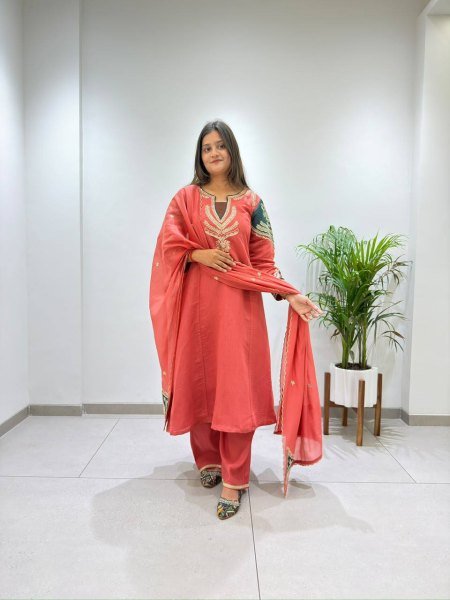 Ready to Dispatch Red Mul Chanderi Embroidered Palazzo Suit Set at Manufacturer Rate Ready To Wear Collection