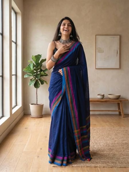 Ready to Style Blue Linen Cotton Digital Print Saree with Blouse Sarees 