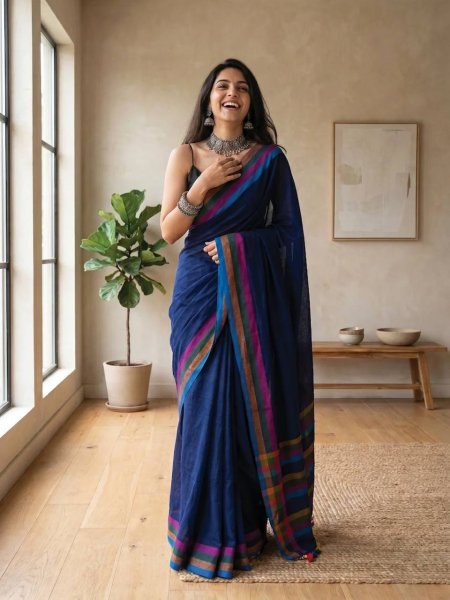 Ready to Style Blue Linen Cotton Digital Print Saree with Blouse Printed Cotton Sarees Wholesale