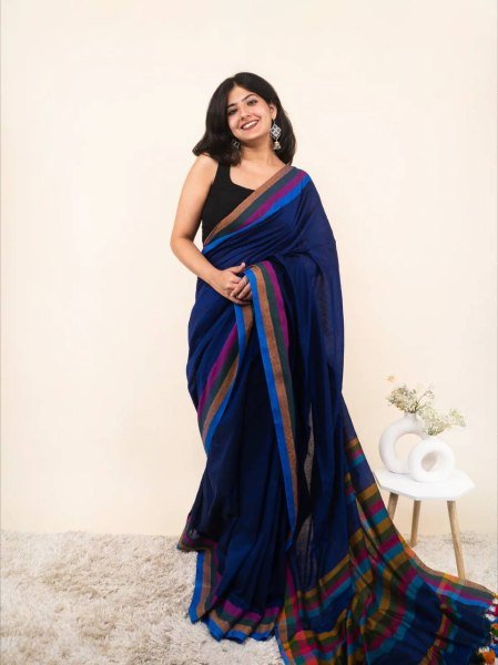 Ready to Style Blue Linen Cotton Digital Print Saree with Blouse Printed Cotton Sarees Wholesale